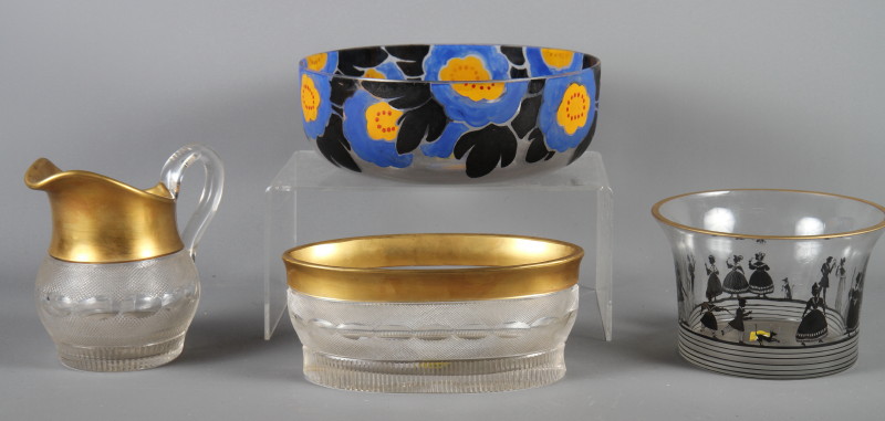 A crystal jug and basin with gilded decoration in the manner of Moser, a glass bowl with