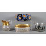 A crystal jug and basin with gilded decoration in the manner of Moser, a glass bowl with