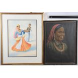 G Douglas: watercolours, Indian drummer and dancer, 13" x 10", and a companion pastel portrait of