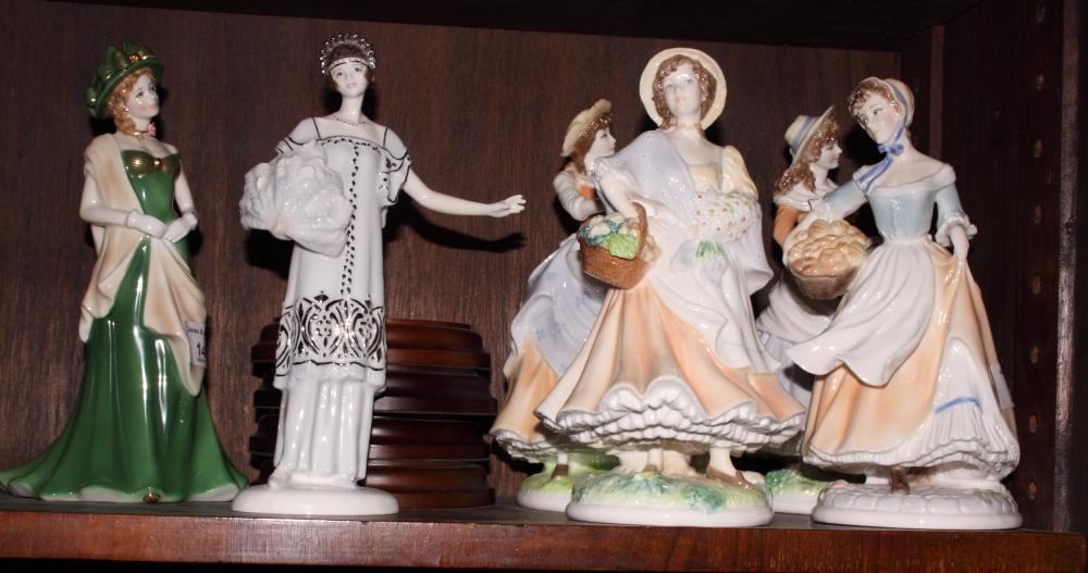 Six Royal Worcester china figures, "Goose Girl", "Moonlight Cascade", "Baker's Wife", "Market