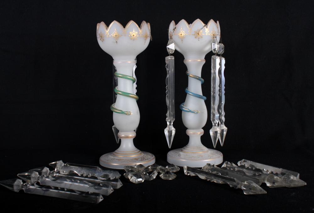 A pair of Victorian white glass table lustres with spear point drops, stems decorated entwined - Image 2 of 5