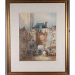 F Harrison: a 19th Century watercolour, street scene with figures, horses and gateway with clock,