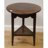 A late 18th Century oak cricket table with circular top and undertier, on splay supports, 21" dia