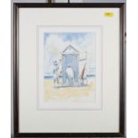 C D M: watercolours, two ladies by a bathing hut, and a set of six miniature watercolours, soldiers,