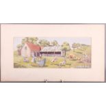 M M S: gouache, a 1920/30s farm scene with nanny, children and animals, 6" x 14 1/2"