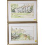Alex Stonehouse: a pair of watercolours, coastal scene and row of cottages, in gilt frames, and