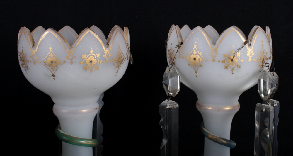 A pair of Victorian white glass table lustres with spear point drops, stems decorated entwined - Image 4 of 5