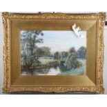 English 19th Century School: watercolours, river scene with stone bridge, monogram E M, 9" x 13 1/