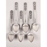 A set of six Russian white metal teaspoons with black enamelled handles