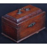 A George II mahogany three-compartment tea caddy with brass carrying handle, 8 3/4" wide