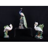Three Minton miniature models of a peacock, a heron and a stork