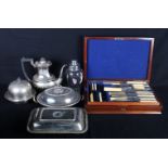 A 19th Century part canteen of cutlery with bone handles, in mahogany case, a silver plated coffee