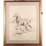 Soper: crayon study, "Horse Pulling on the Reins" draught horse being trotted out, 17" x 13", in