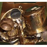 Two silver plated entree dishes and covers, a pair of plated tankards, a plated biscuit box and