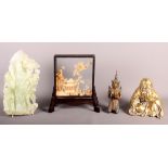 Four oriental pieces to include a jade Quan Yin, 10 1/2" high, a cork picture framed in a stand, 9