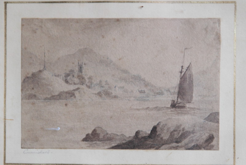 Carmichael: 19th Century monochrome wash study, boat off shore with distant church, 4 1/4" x 6 1/2",