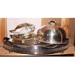 A silver plated on copper gallery tray, plated trays, a plated hood and a pair of oval plated entree