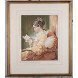 A Victorian watercolour, lady seated reading, 10" x 8", in gilt frame