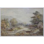 English mid 19th Century School: watercolours, landscape with stone cottages, 8 1/2" x 13", in