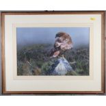 A gouache, misty moorland view with eagle on a rock, signed and dated 1989, 12" x 17", in gilt