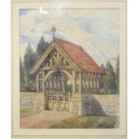 George H Fellowes-Prynn 1883: watercolours, "Lychgate", 11 1/2" x 9 1/2", in gilt frame, and H