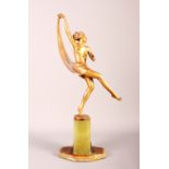 An Art Deco bronze figure of a scarf dancer on a green onyx plinth, signed Lorenzl, circa 1930, 13