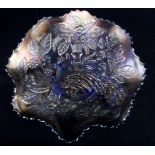 A blue Carnival glass shaped dish with peacock decoration, 8 1/2" dia