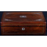 An early Victorian rosewood and banded writing box with mother-of-pearl inlay and fitted interior,