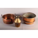 A 19th Century deep two-handled copper pan, 10" dia, another copper steamer pan (a/f) and a brass