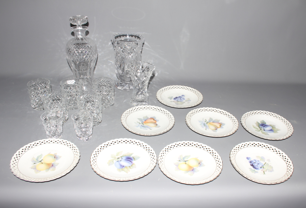 A crystal decanter, six glass tumblers, two glass vases and eight German porcelain plates by Shumann