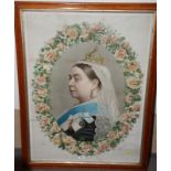 A 19th Century oval portrait of Queen Victoria with facsimile signature within a floral border,