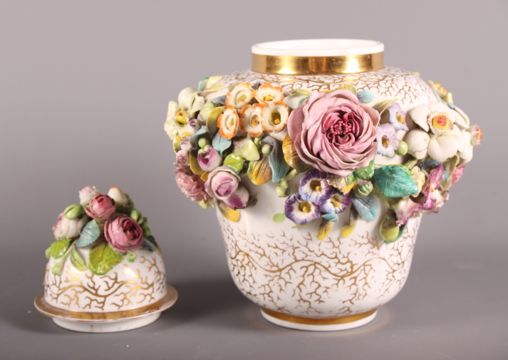 A 19th Century porcelain Stevenson Sharp (Derby) flower encrusted lidded jar with gilt decoration, - Image 3 of 4