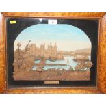 A 19th Century carved cork diorama view of Conway Castle, 12" x 16", in burr maple frame