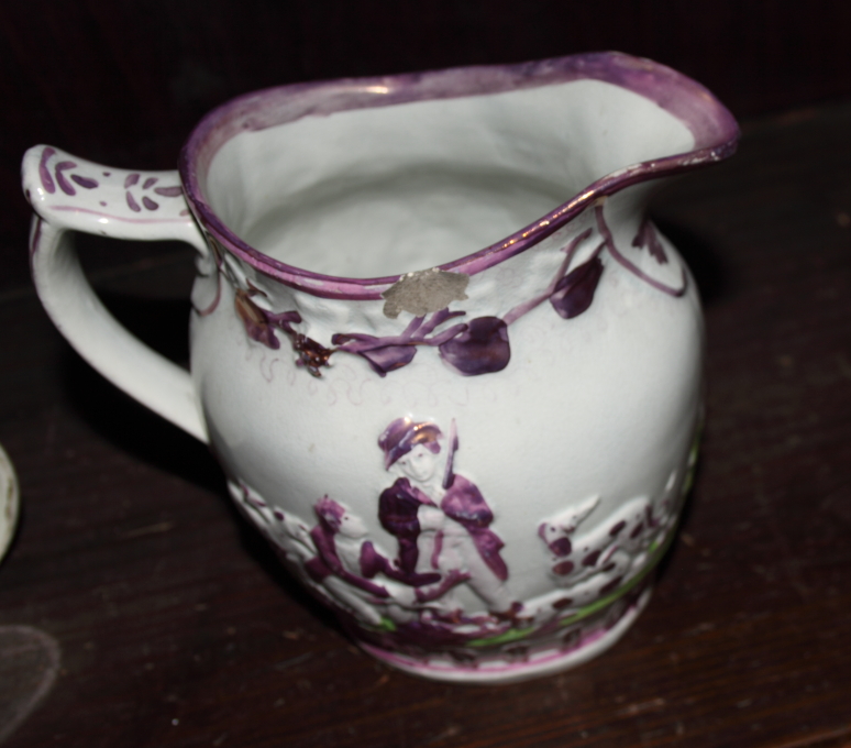 A brass double table lamp with green glass shades, a Sunderland lustre jug and mug, a Royal - Image 7 of 7