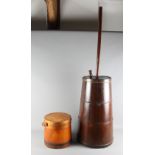 A 19th Century butter churn, 24" high, and a coopered butter tub, 10" dia