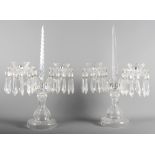 A pair of signed Waterford glass candelabra decorated cut glass prisms, 19 1/2" high x 12 1/2" wide