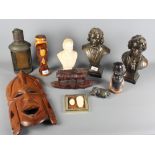 Two bronzed busts of Chopin and Beethoven, an African carved wooden mask and two smaller African