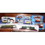 Three die-cast replica steam engines and a collection of die-cast metal vehicles, mint and boxed