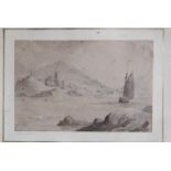 Carmichael: 19th Century monochrome wash study, boat off shore with distant church, 4 1/4" x 6 1/2",