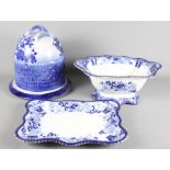 A blue and white cheese dish with domed cover and a blue and white tureen and stand