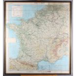 A framed silk escape map of France printed on a silk handkerchief, given to Major Charles Farrell MC