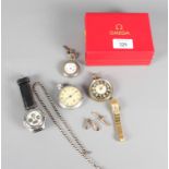 A silver cased fob watch, a silver watch chain, two pocket watches, two wristwatches and an Omega