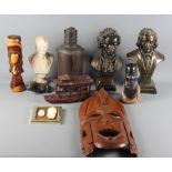 A collection of turned and carved wooden ornaments and assorted decorative ornaments