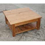 A pine low square coffee table with undershelf, 36" wide