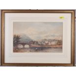 A 19th Century watercolour, extensive landscape with fisherman and bridge in foreground, 7" x 11 1/