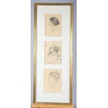 Leo Klin?: three pencil studies, lady, gentleman and child, 6 1/2" x 4 3/4", in common gilt frame