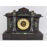 A 19th Century black slate clock with green marble insets, 17 1/2" wide x 14" high