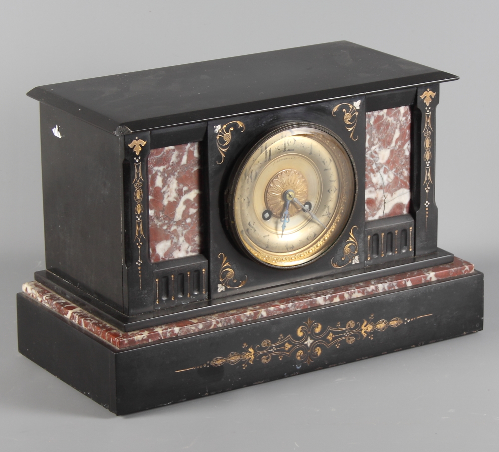 A late 19th Century slate and rouge marble mantel clock with striking movement, 8 1/2" high (chipped