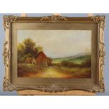 A pair of late 19th Century oils on card, landscapes with cottages and figure, 7" x 11", in gilt