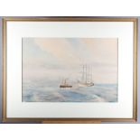 Frederick Campbell: watercolours, steam tug towing a square rigger, 20" x 14", in strip frame, and